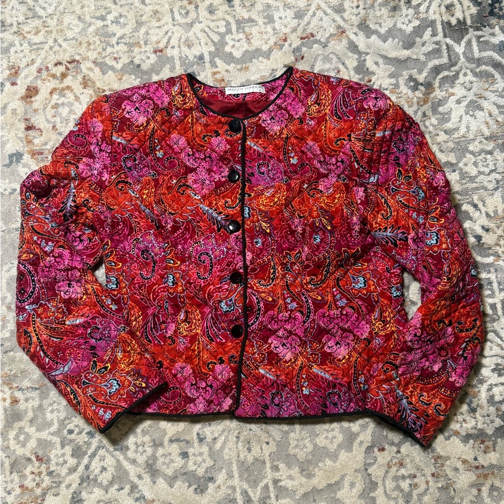 Maggy London Pink and Red Paisley Quilted Jacket with Black Trim
